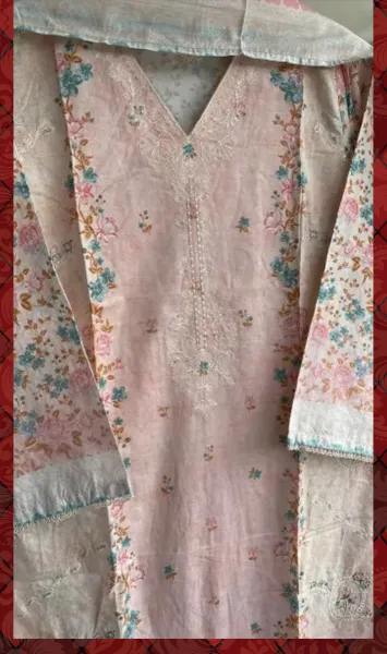 Pakistani Original Bin Saeed Cotton Chickankari Stitched 3Pcs_ Peachy  Pink 
